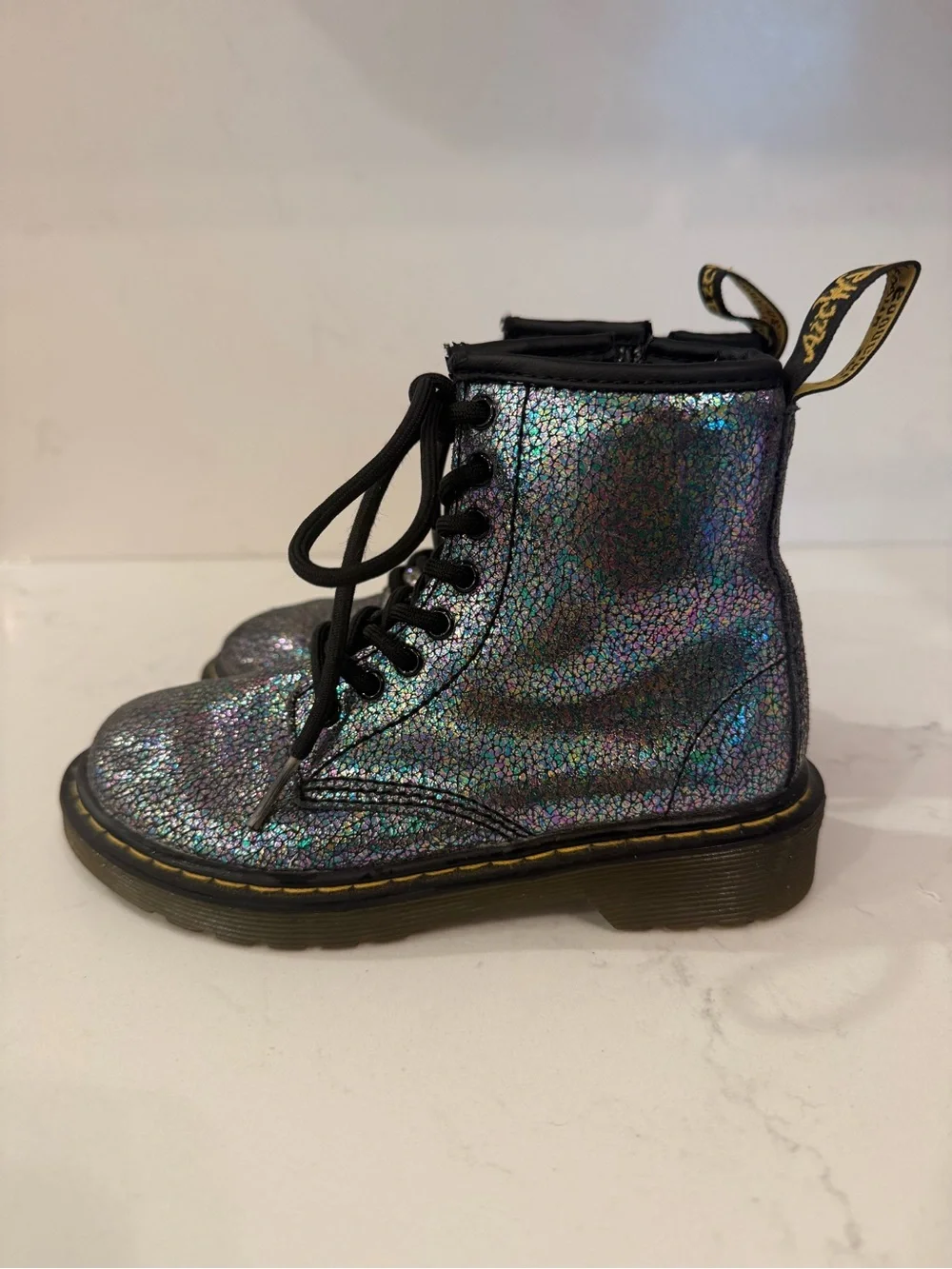 Dr. Martens Kids Iridescent Holographic Black Lace-Up Boots